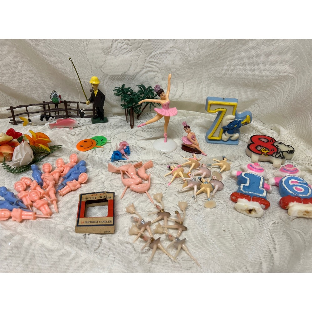 Vintage Cake Toppers and Candles Lot 40+ Ballerina Fishing Birthday Party‎ Decor